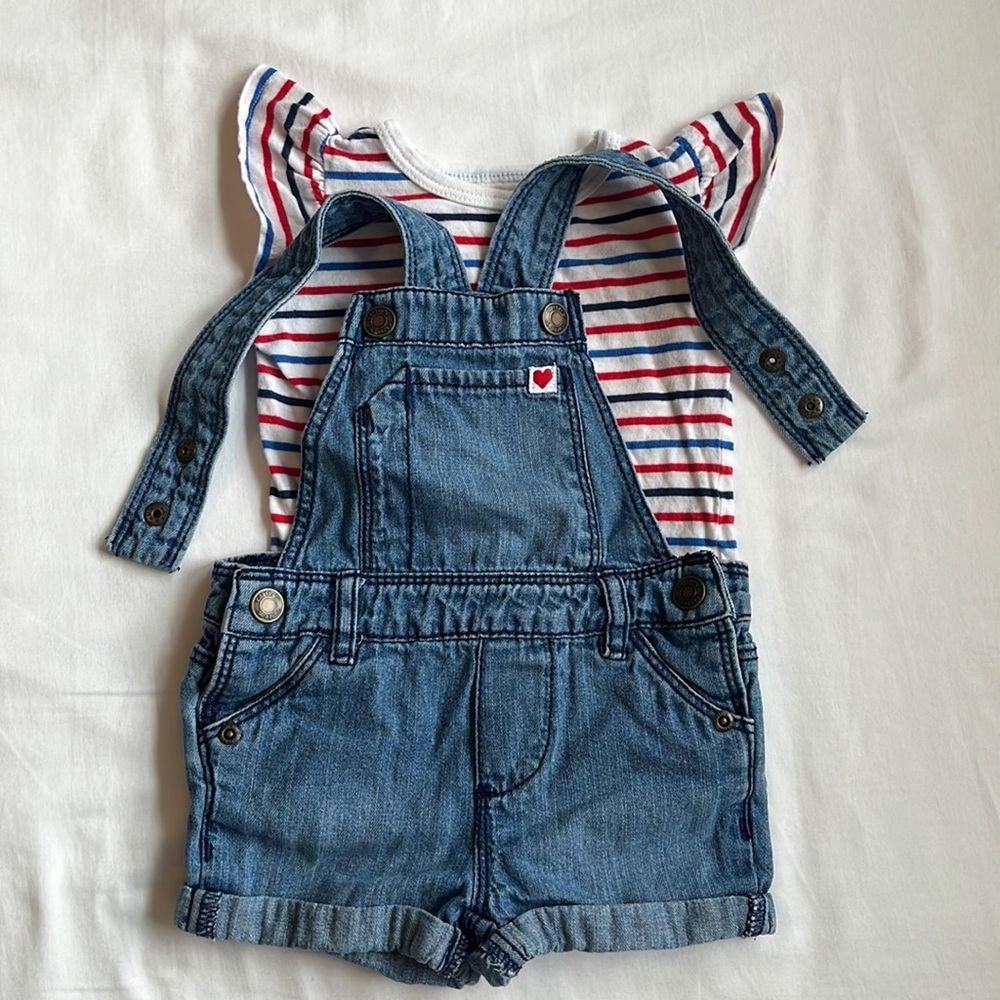 Carter’s Baby Girl’s Denim Shortall & Red, White & Blue T-shirt Size 6 Months